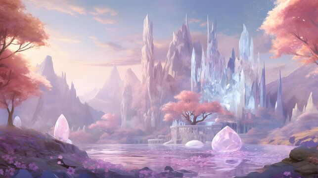 Fantasy landscape with lake and mountains. Digital painting. 3d illustration. © I