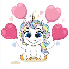 Cute unicorn and the baloon. Happy Valentine Day