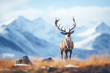 caribou with snowy mountains in the background