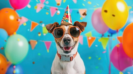 A dog in a party hat and sunglasses with balloons on a blue background