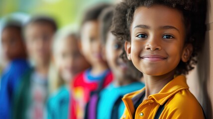 Group of diverse children in colorful clothes smiling in a row