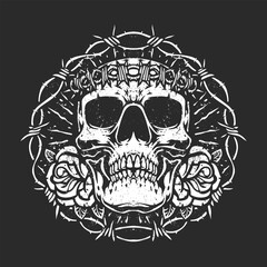 skull and roses on iron wire illustration