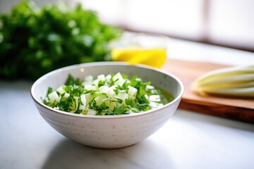 sliced celery and herbs beside bowl ready for serving