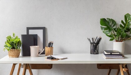 Home Office desk with supplies, plants and empty wall; modern minimal