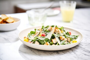 chicken caesar salad with gluten-free croutons on a marble countertop