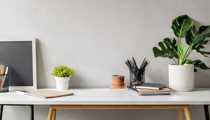 Home Office desk with supplies, plants and empty wall; modern minimal