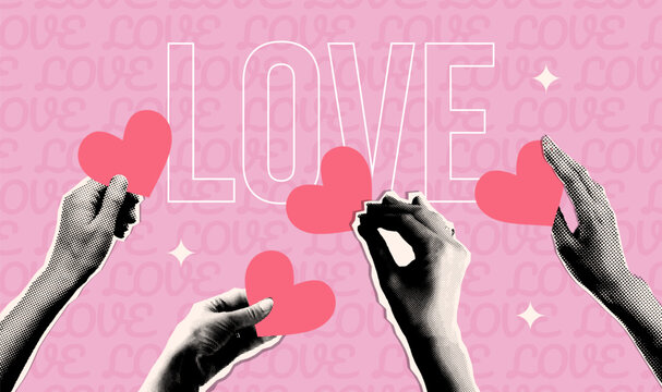 Halftone torn out collage Hands holding hearts. Valentine's day banner template. Give and share love to people concept. y2k trendy mixed media vector design.