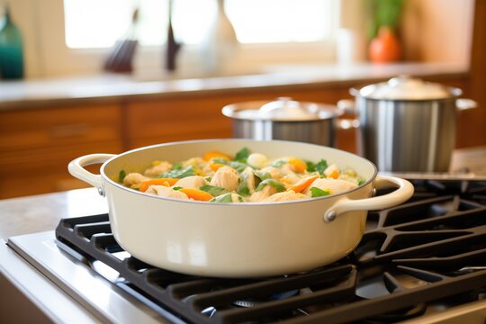 chicken and dumplings in a pot on a stovetop