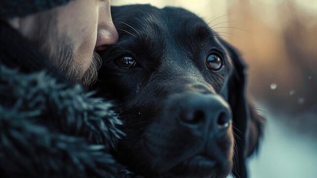 A black dog is seen resting its head on a person's shoulder. This image can be used to depict a bond between a human and their pet