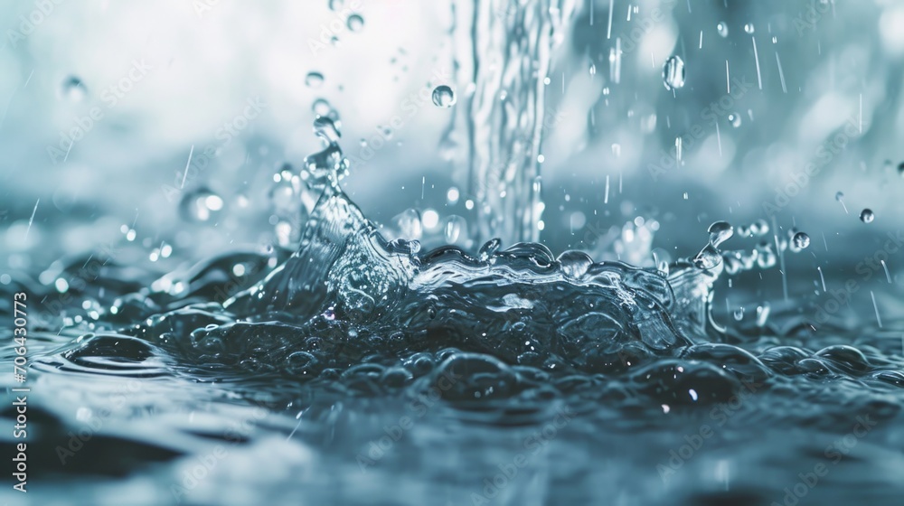 Poster A detailed close-up of a water splash on a surface. This image captures the dynamic and fluid motion of water, making it ideal for various uses.