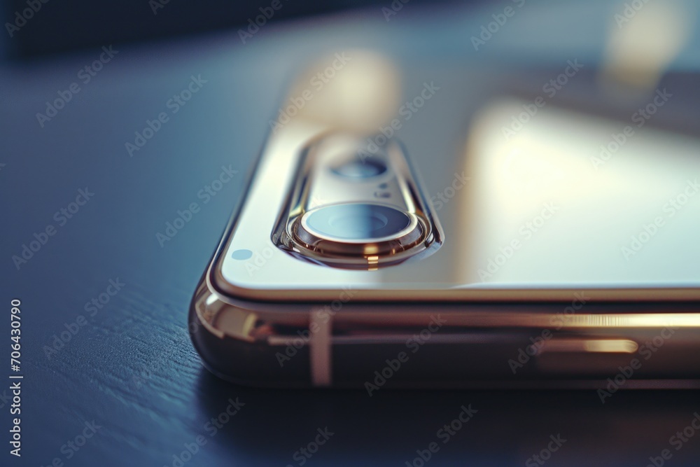 Poster Close up of a cell phone on a table. Suitable for technology and communication concepts