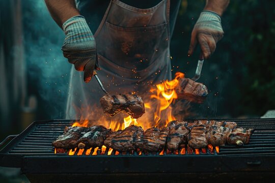 A man is cooking meat on a grill. This picture can be used to depict outdoor cooking or barbecue activities