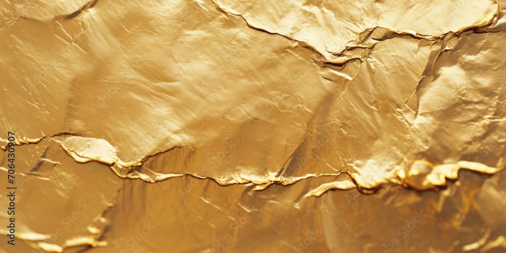 Poster A detailed close-up view of a piece of gold foil. Perfect for adding a touch of elegance and luxury to any design project