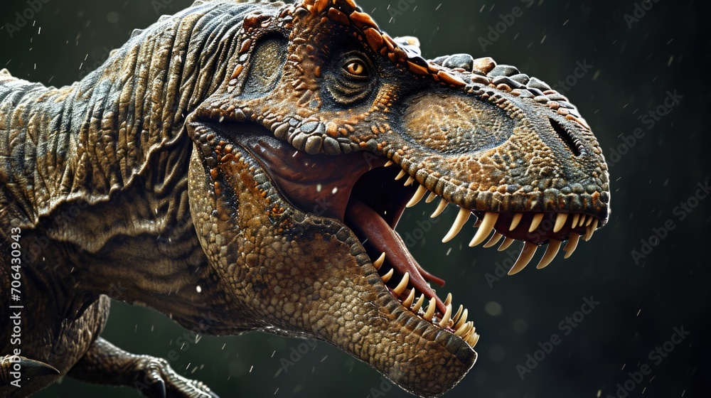 Poster A detailed close-up shot of a dinosaur with its mouth wide open. This image can be used to depict prehistoric creatures or as a visual representation of roaring or aggression