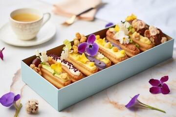 box of assorted eclairs with various toppings