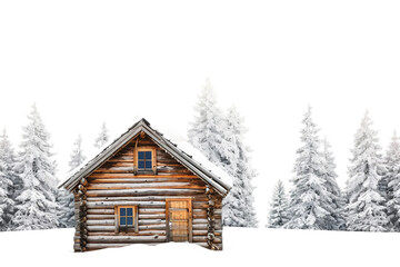 Wooden Log Cabin in a Snowy Forest isolated on transparent background