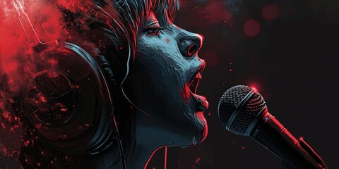 A woman wearing headphones and singing into a microphone. This image can be used for music-related content or to illustrate the concept of performing or recording vocals