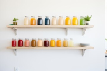 multiple juices on a shelf, even spacing, neutral wall