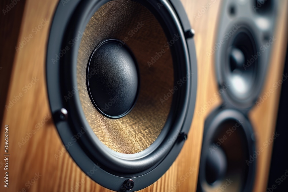 Poster Speakers sitting on a wooden table. Versatile image for showcasing audio equipment or creating a music-themed design