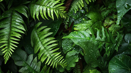Primer plano de Hojas de helecho en la naturaleza verdes. Textura de follaje verde en la selva. - obrazy, fototapety, plakaty