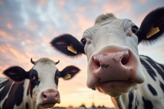 dairy cows close up with evening sky colors