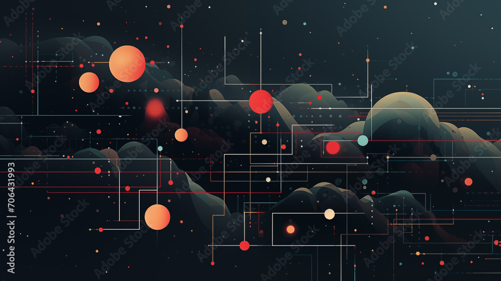 Poster dark abstract background with geometric lines and dots.