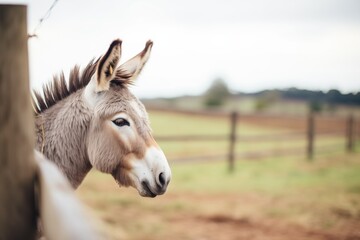 single donkey with perked ears near a farm fence