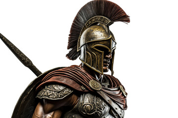 Bronze statuette of the Roman war greek Sparta type helmet roman warrior Warrior wearing iron helmet and warrior old metal shield. Ancient warrior isolated on white background - obrazy, fototapety, plakaty