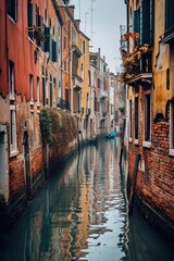 A picture of a boat floating in a narrow canal. Can be used to depict peaceful waterways and transportation