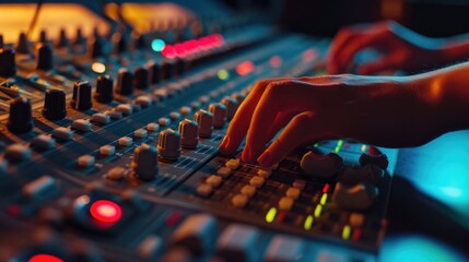 A detailed close-up of a person's hand operating a sound mixer. This image can be used to depict...
