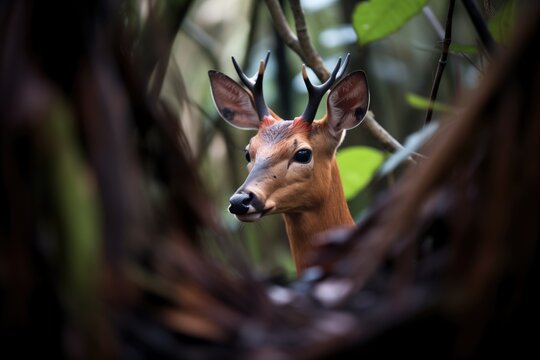 red duiker camouflaged in a thicket