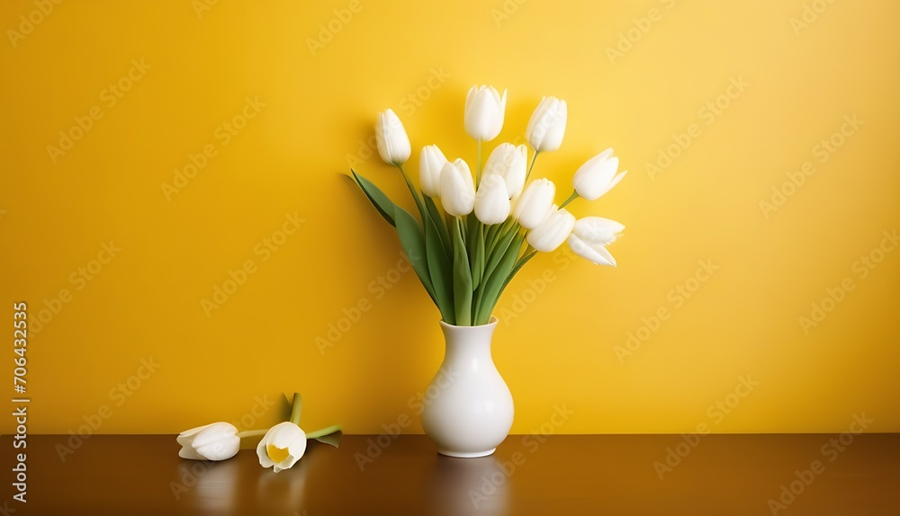 Poster a white porcelain vase with a bouquet of fresh tulips on a wooden table and a yellow background with