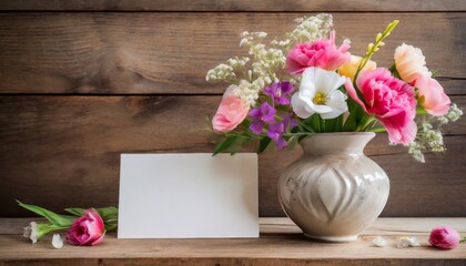 Mother's day flowers in a vase with a blank card on wooden background; copy space