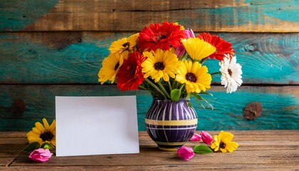 Mother's day flowers in a vase with a blank card on wooden background; copy space