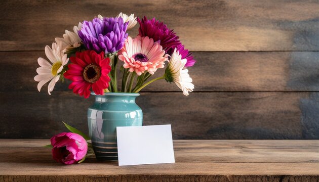 Mother's day flowers in a vase with a blank card on wooden background; copy space