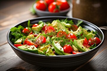 Nourishing vegan dish: refreshing salad with avocado and tomato in a bowl. Generative AI - obrazy, fototapety, plakaty
