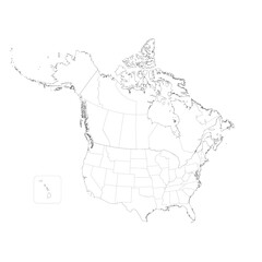 Political map of Canada and United States of America with administrative divisions. Thin black outline map with countries and states name labels. Vector illustration