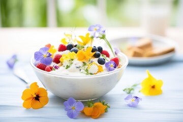 elegant fruit salad presentation with edible flowers