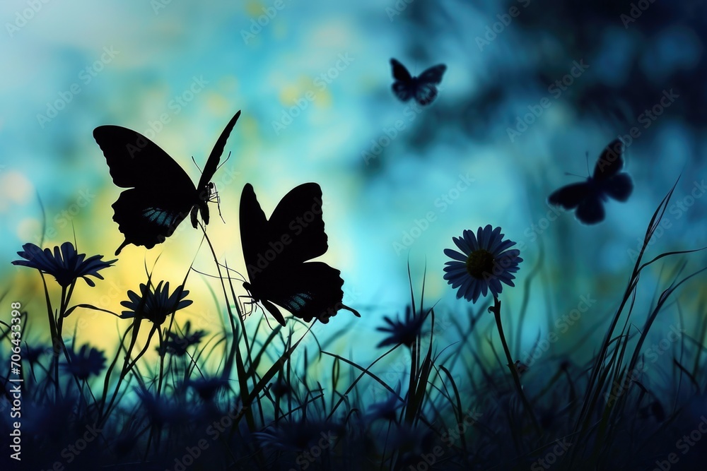 Aufkleber A group of butterflies gracefully flying over a vibrant field of colorful flowers. This image can be used to add a touch of beauty and nature to any project
