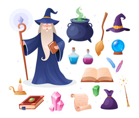 Wizard. Vector set of magician tools with elixir in bottle, witch hat, cauldron, spell book, broomstick, poison, crystal, warlock in wizards robe, paper rolls. Sorcerer, witchcraft. Game magic object