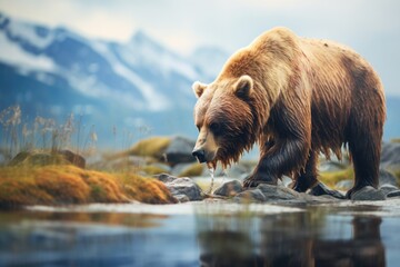 side view of focused grizzly fishing in mountainous landscape