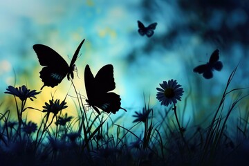 A group of butterflies gracefully flying over a vibrant field of colorful flowers. This image can be used to add a touch of beauty and nature to any project