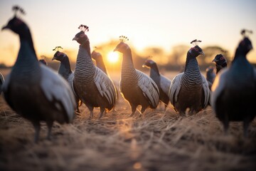 shadows of a flock of guinea fowls at sunset