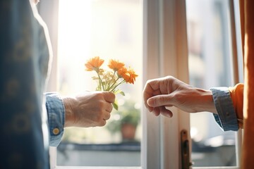 hands exchanging flowers near a sunny window
