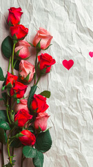 Fototapeta na wymiar Vertical Valentine's Day poster made of beautiful roses on vintage white paper background, concept for congratulations
