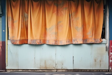 frayed, heavy stage curtains hanging from a rusted rail - obrazy, fototapety, plakaty