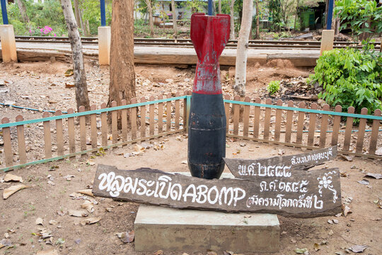 Unexploded projectile displays on the Thamkasae death railway.