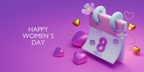 Women's Day background with 3d calendar, hearts and 
date. 3d render.