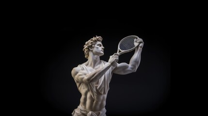 Marble sculpture of an antique athlete with a tennis racket in his hands. Sports Lifestyle Concept