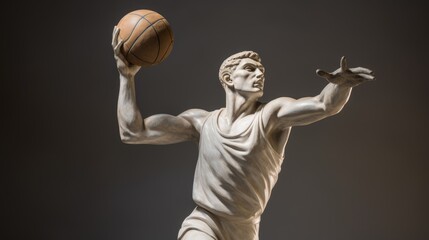 Marble statue of an antique athlete with a basketball in his hands. Sports Lifestyle Concept - obrazy, fototapety, plakaty